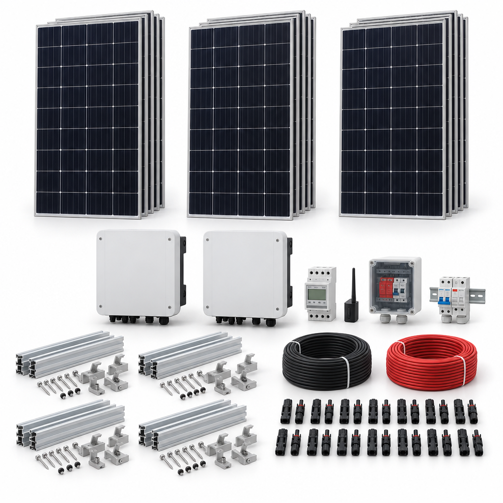 15 Panel solar 555 W, 2 Inversor de red 6 kW monofásico, 4 Estructura de aluminio coplanar sobre chapa (kit de 4 paneles), 1 Medidor de inyección monofásico, 1 Monitoreo wifi, 1 10 pares de conectores MC4, 1 Cable Solar Slocable 6mm2, 1 Cable Solar Slocable 6mm2, 1 Caja de combinación 2 entradas 1 salida 500V con descargador de sobretensiones de CC Tipo II, 1 Int. Termomagnético CHINT NXB-63, In:40A, Icn:6kA, Curva C, 2-polos (6 unidades x caja), 1 Disyuntor Bipolar CHINT NXL, 40A