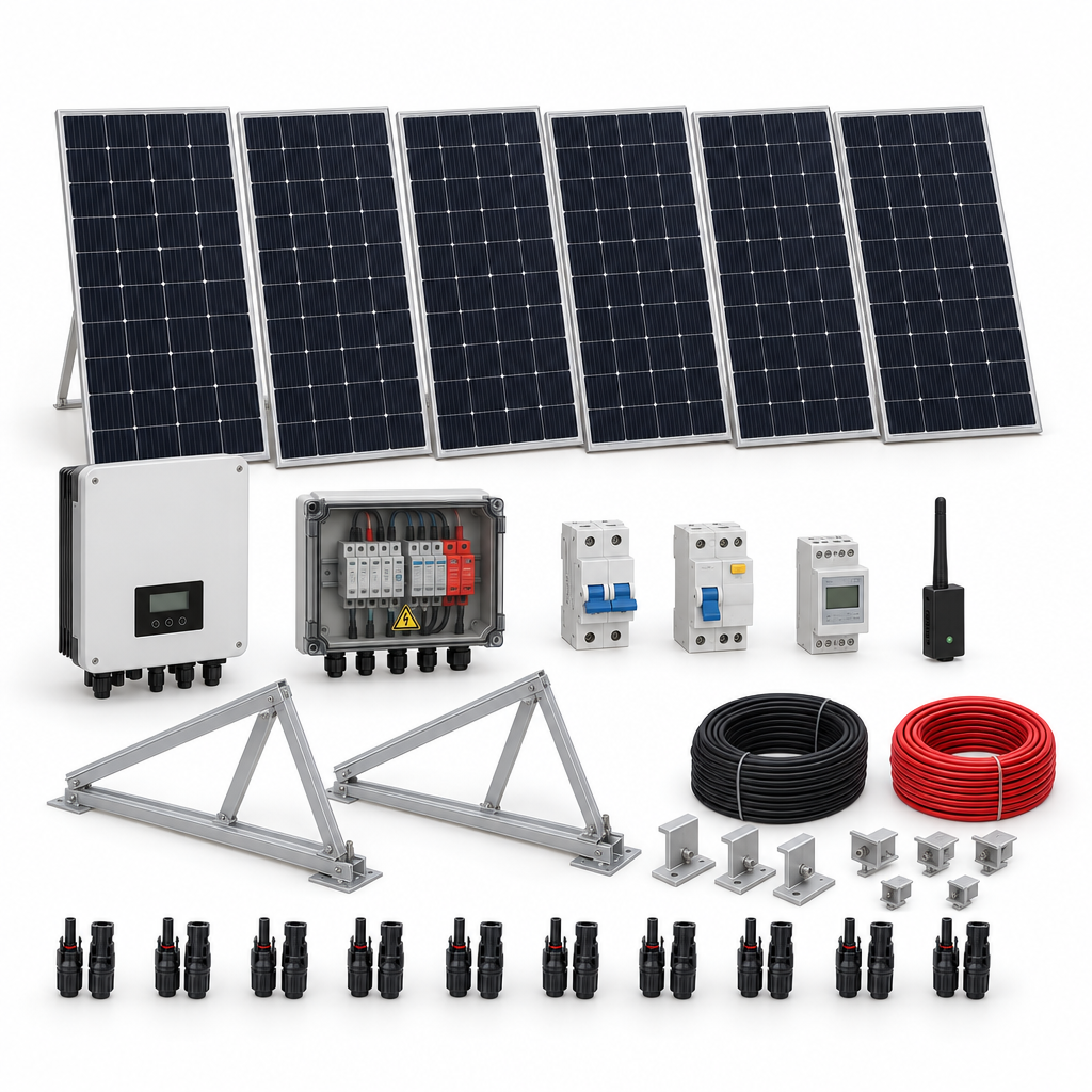6 Panel solar 555 W, 1 Inversor de red 3 kW monofásico, 2 Estructura de aluminio triangular 15–30° (kit de 4 paneles), 1 Medidor de inyección monofásico, 1 Monitoreo wifi, 1 5 pares de conectores MC4, 1 Cable Solar Slocable 6mm2, 1 Cable Solar Slocable 6mm2, 1 Caja de combinación 2 entradas 1 salida 500V con descargador de sobretensiones de CC Tipo II, 1 Int. Termomagnético CHINT NXB-63, In:25A, Icn:6kA, Curva C, 2-polos (6 unidades x caja), 1 Disyuntor Bipolar CHINT NXL, 25A